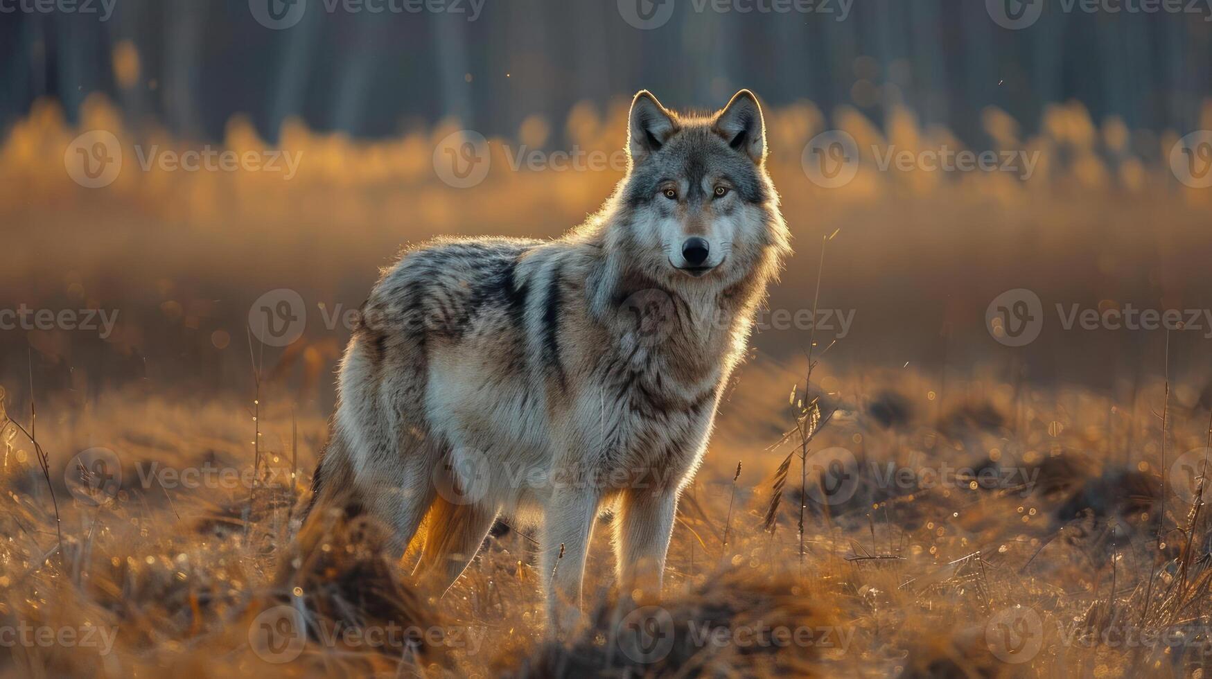 A young wolf standing alone on a plain with golden grass. photo