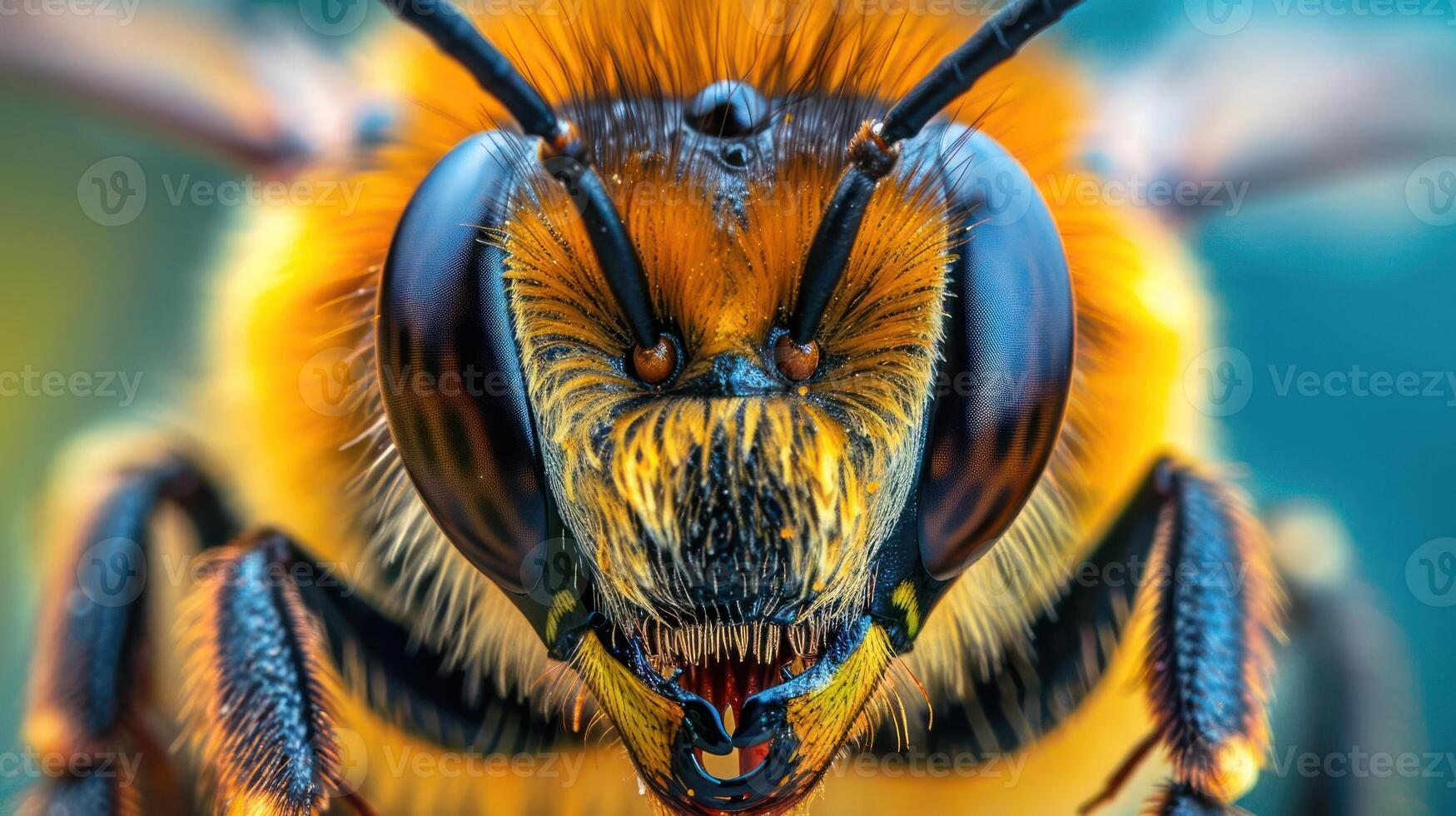 Beautiful close-up of an orange and black bee, capturing the intricacies of its face. photo