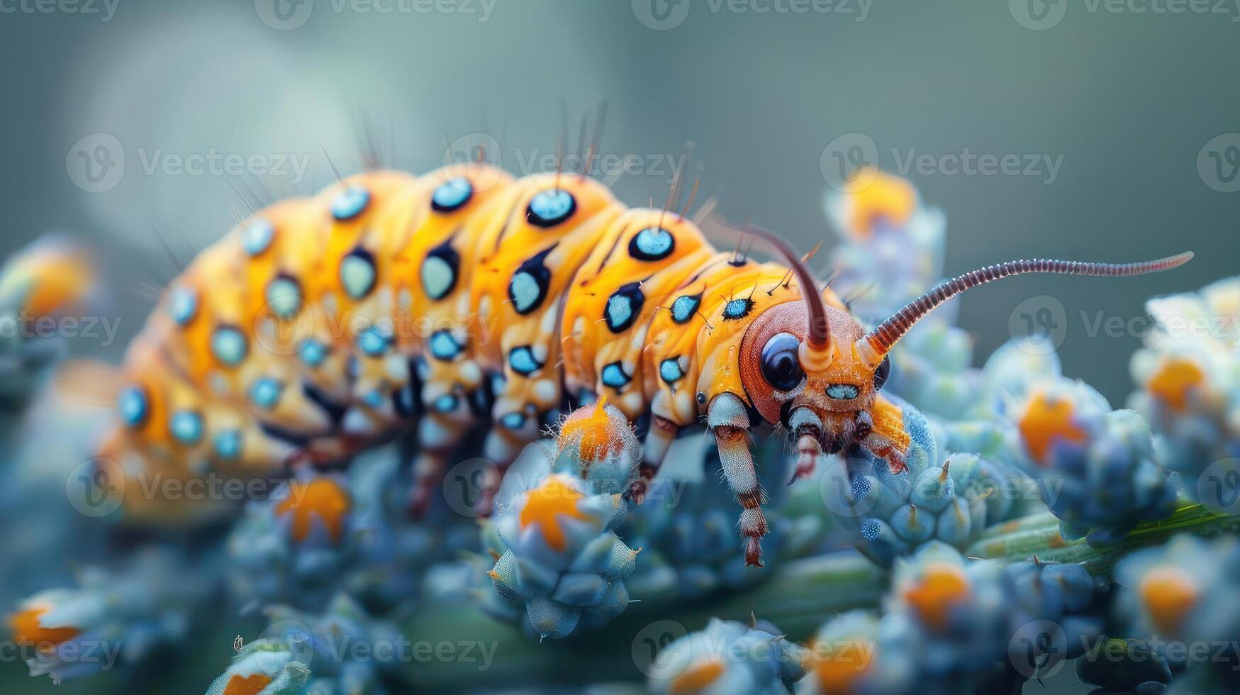 A close-up of a brightly colored caterpillar with blue eyes and orange wings, surrounded by small flowers. photo