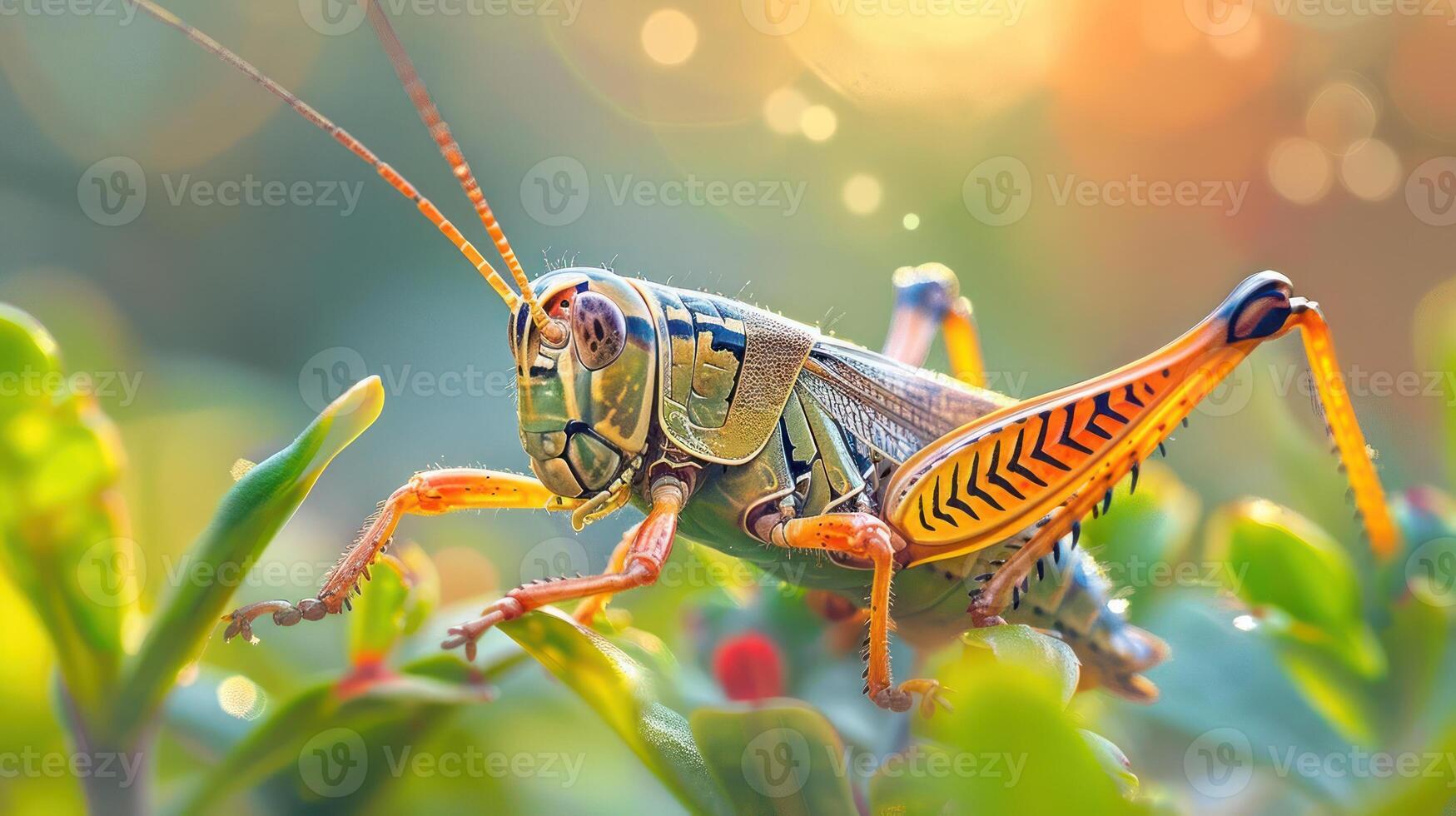 A vibrant bug, possibly a grasshopper or a leaf insect, perched on the lush green plant with a soft focus sunset in the background. photo
