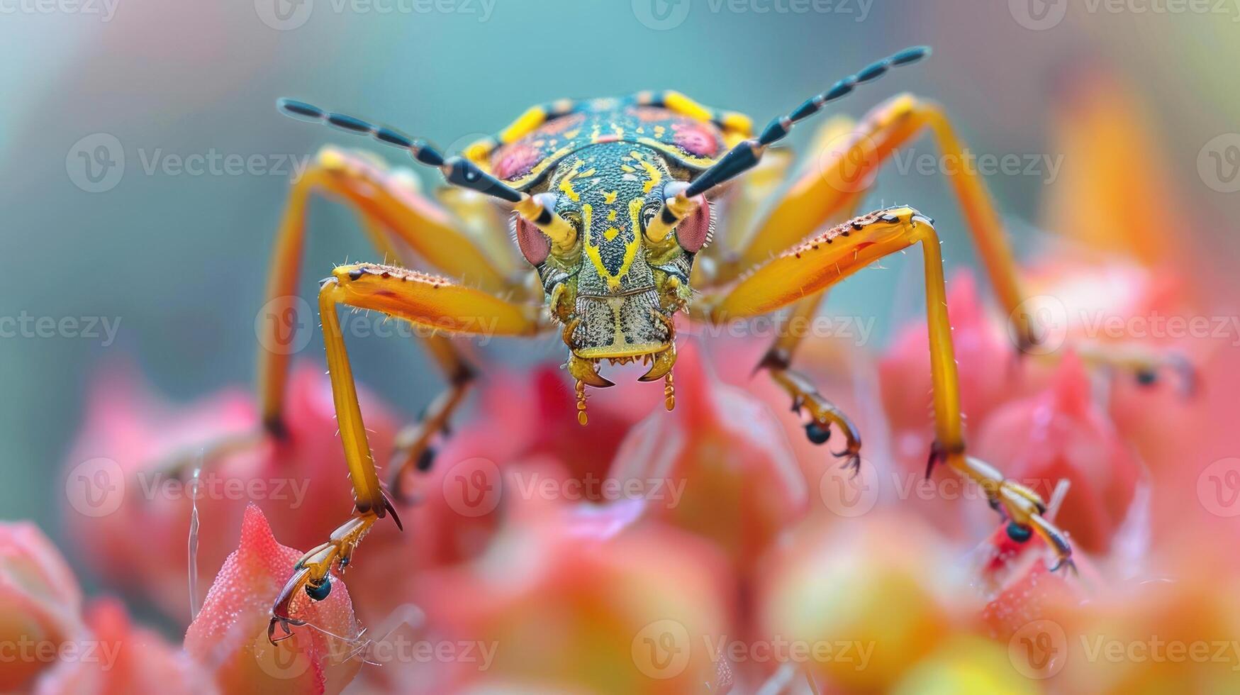 A close-up photo of a colorful insect, possibly a katydid or a grasshopper, sitting atop a vibrant pink flower with red and yellow petals.