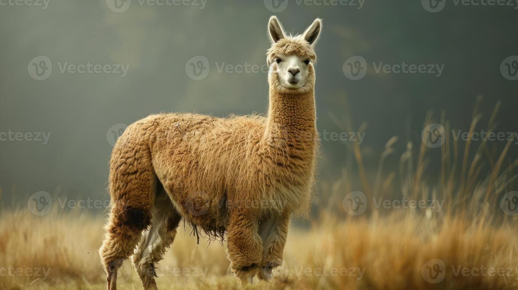 Adorable llama standing in a grassy field. photo
