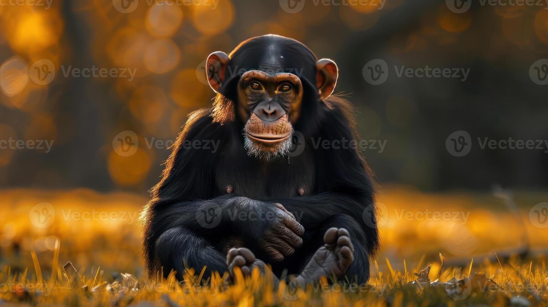 A monkey sitting in the grass during sunset, looking out over the scenery. photo
