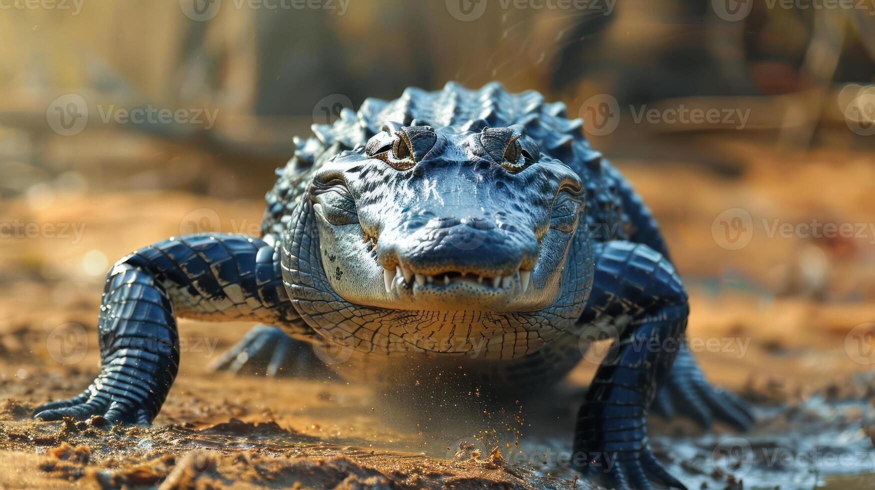 A crocodile navigates a muddy path through a wetland area. photo