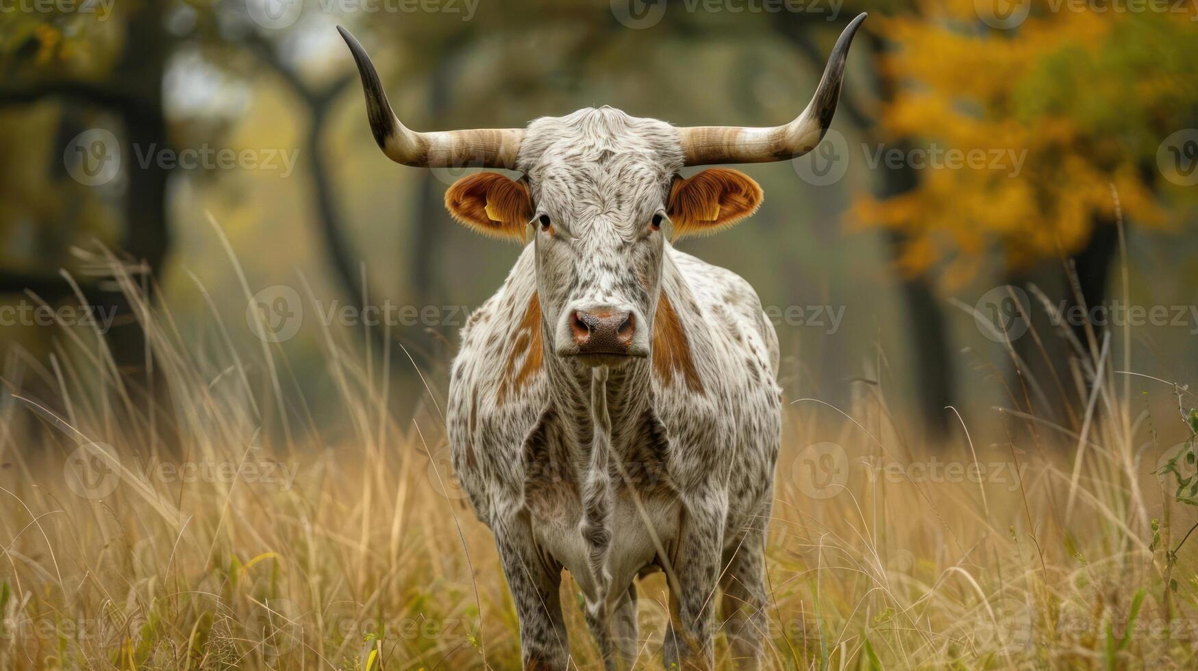 Steer with long horns standing alone on field, tree line and autumn leaves in background. photo
