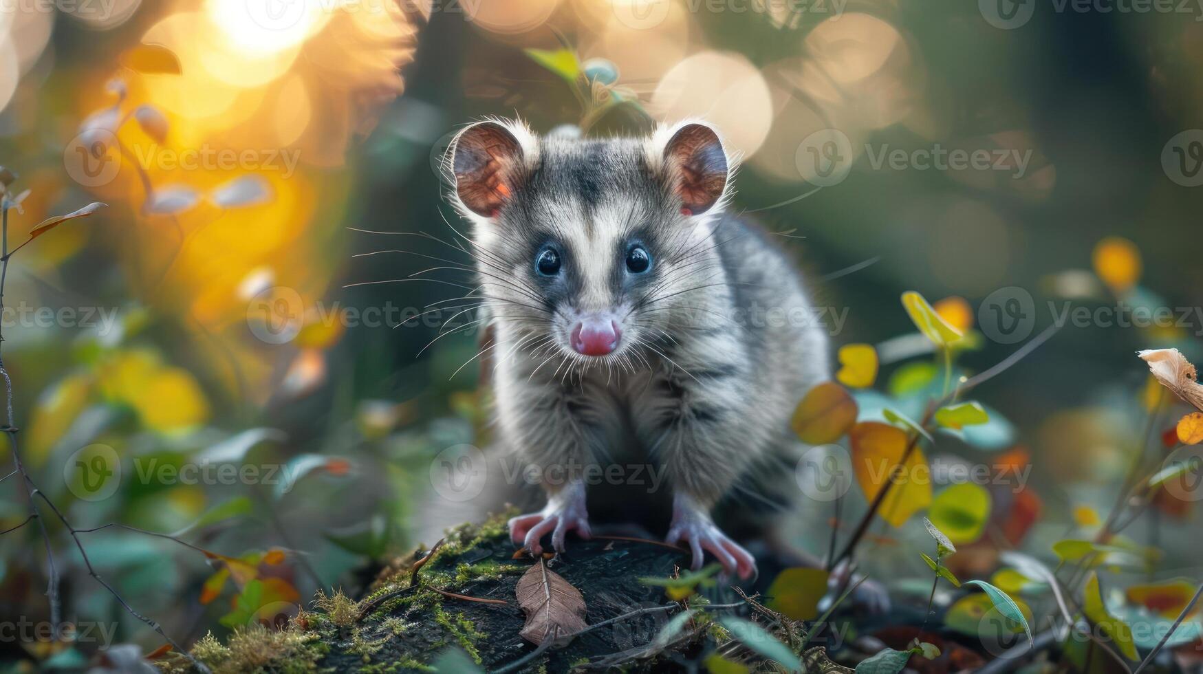 A small hedgehog posing for a picture in the forest, looking up at the camera with its mouth open. The setting appears to be during sunset or dawn. photo