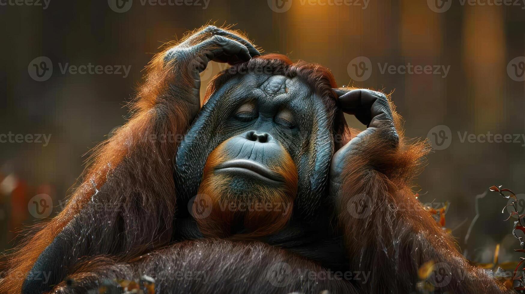 a photo of a monkey making a 'sorry, no ideas' gesture with its hands on the head.