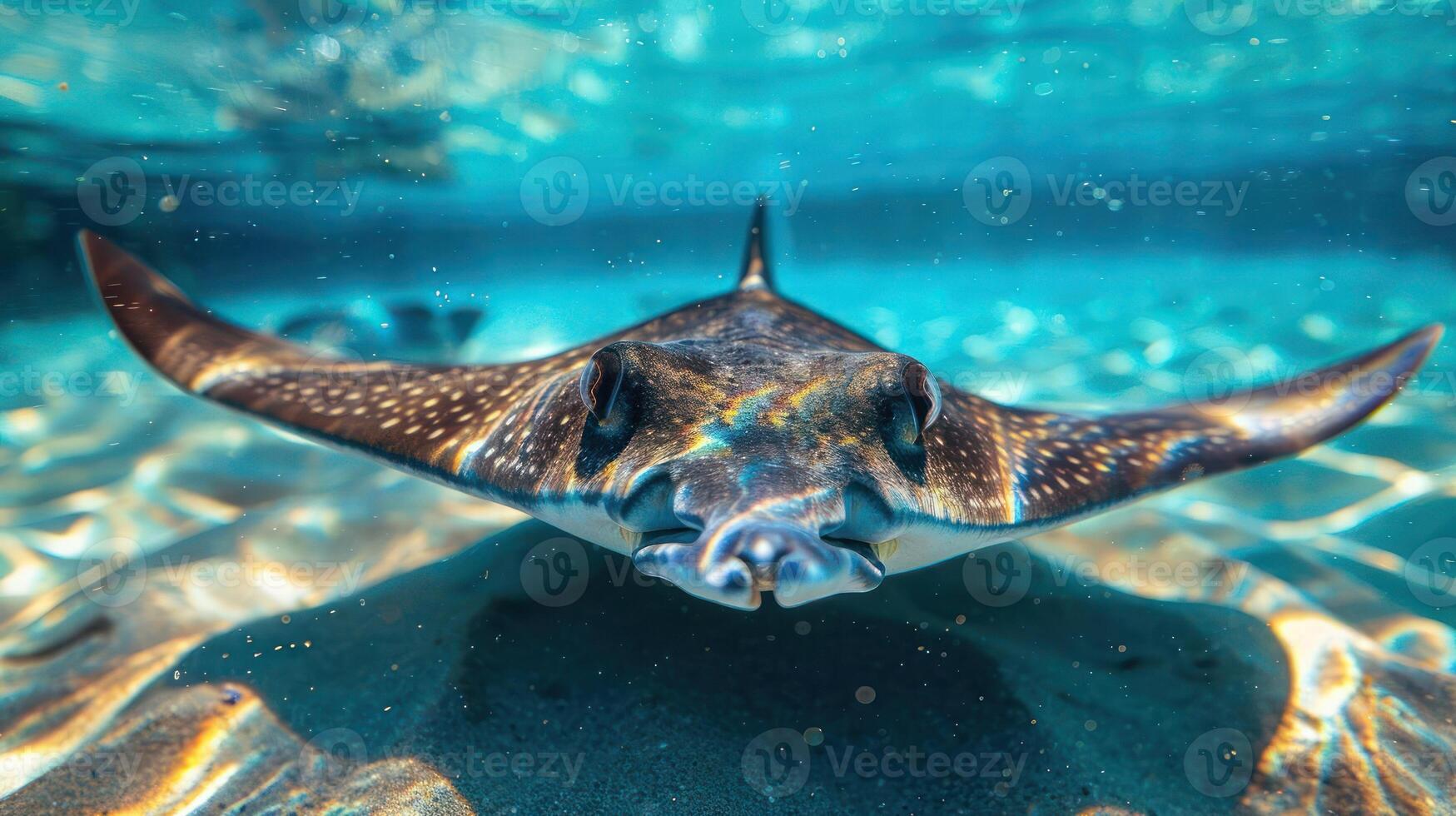 Close-up of a stingray underwater, with a clear view of its distinctive spiny body and barbs. photo