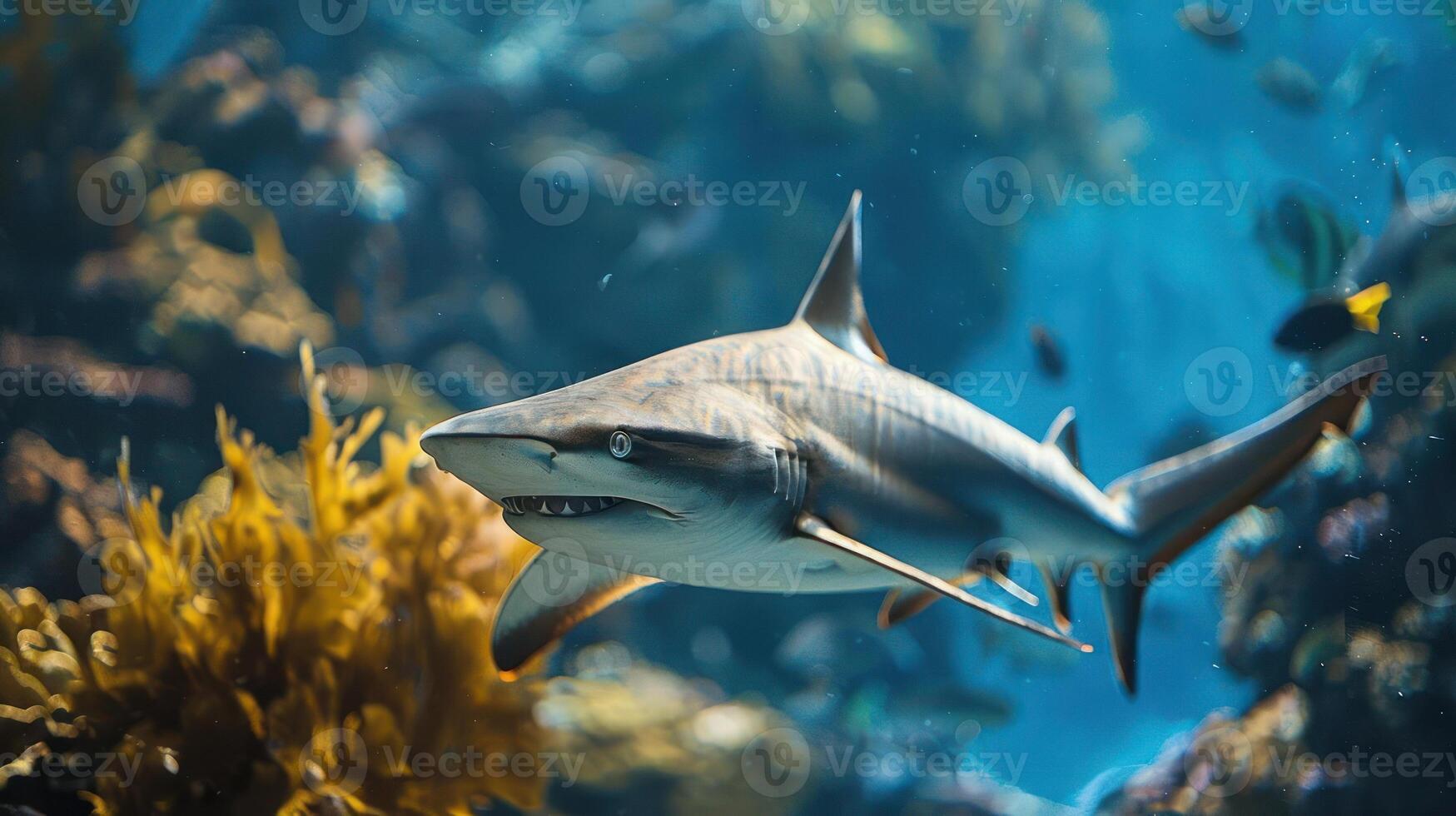A shark swims through a coral reef, surrounded by various underwater creatures. photo