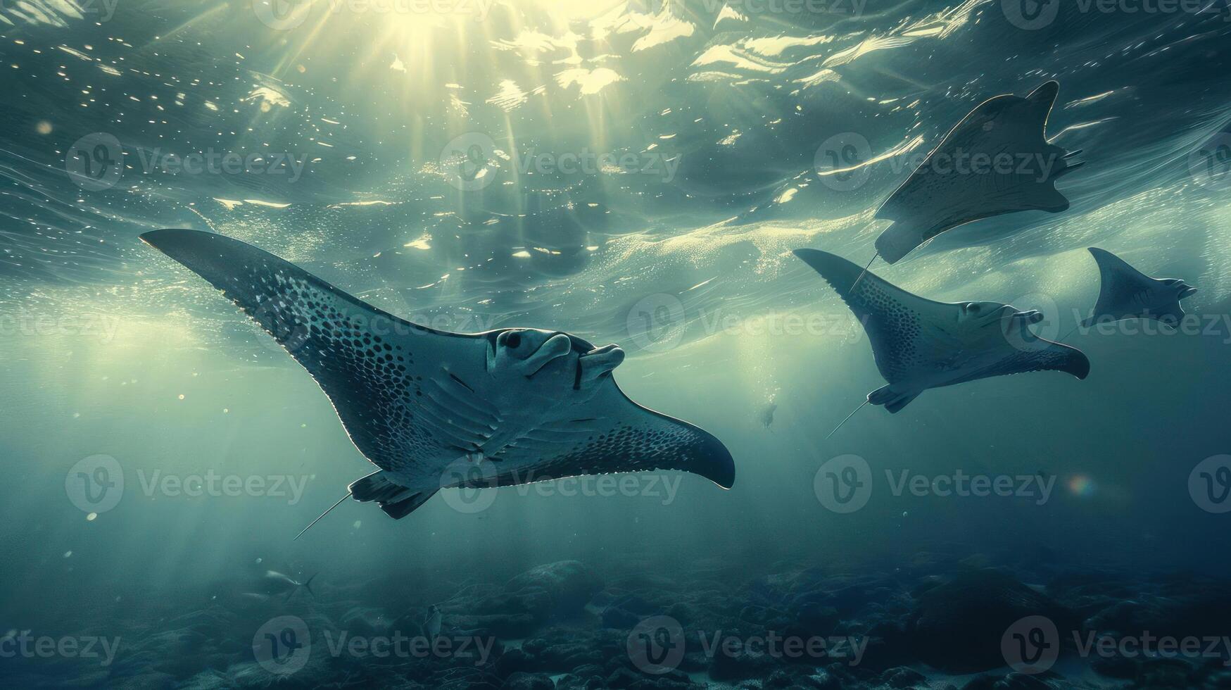 A group of sharks in the ocean, looking upwards at a surface. photo