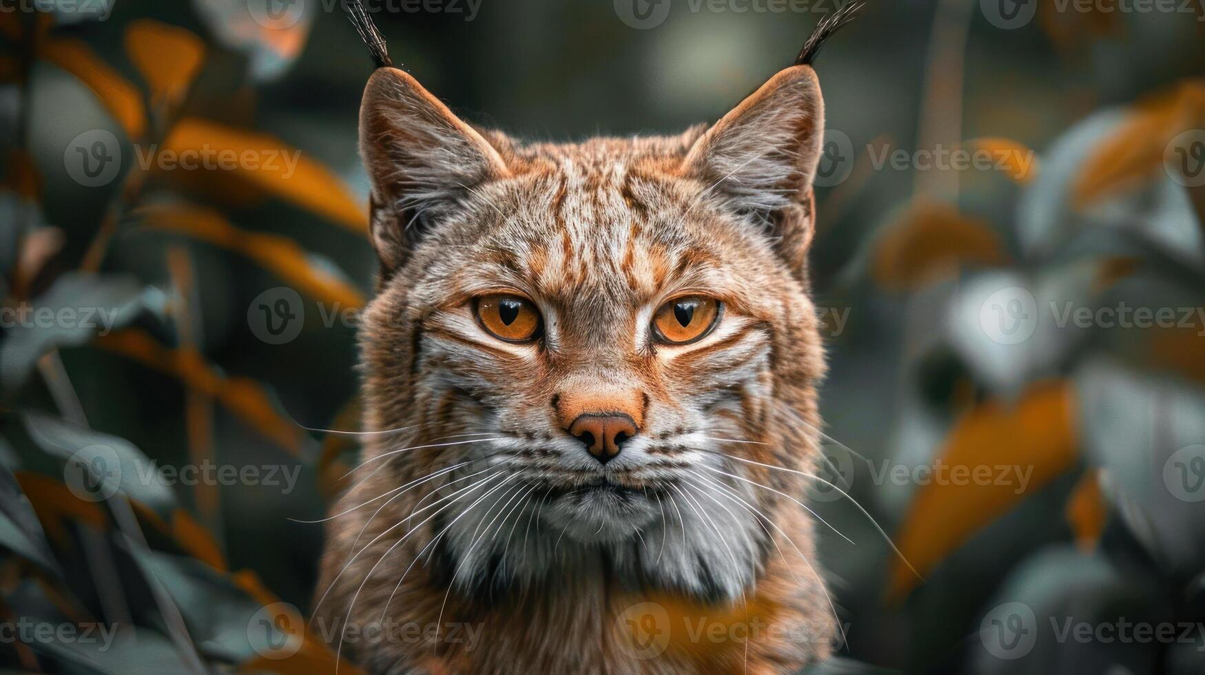 A close-up image of a cougar standing among trees and foliage with a focused gaze. photo