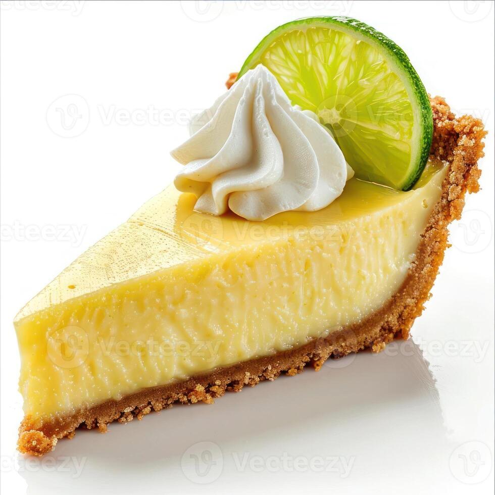 A slice of a freshly baked lemony pie with a dollop of whipped cream and lime wedge on top. photo