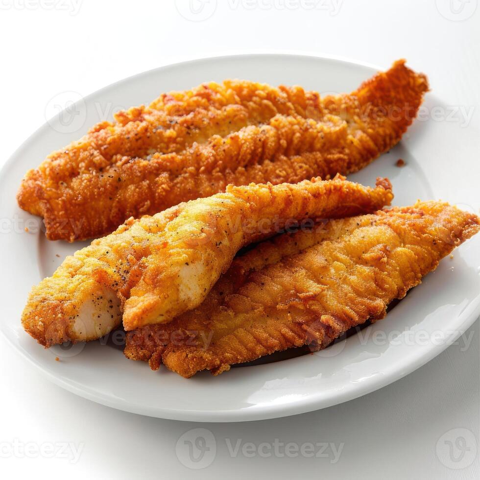 Two pieces of fried fish on a white plate. photo