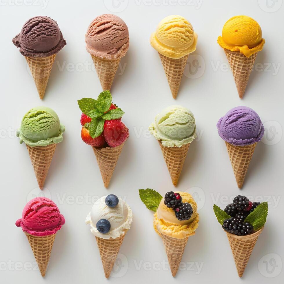 A collection of various ice cream flavors served in cones. photo