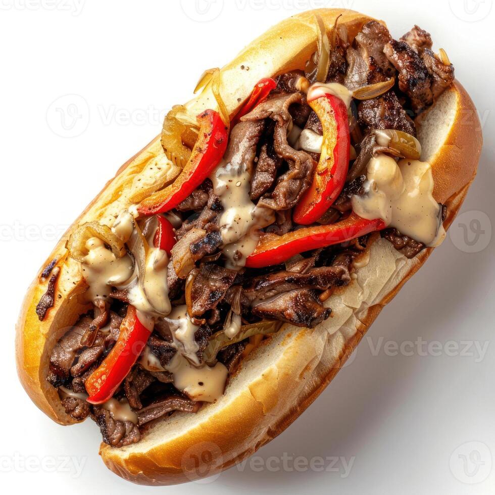A delicious steak sandwich with cheese and peppers. photo