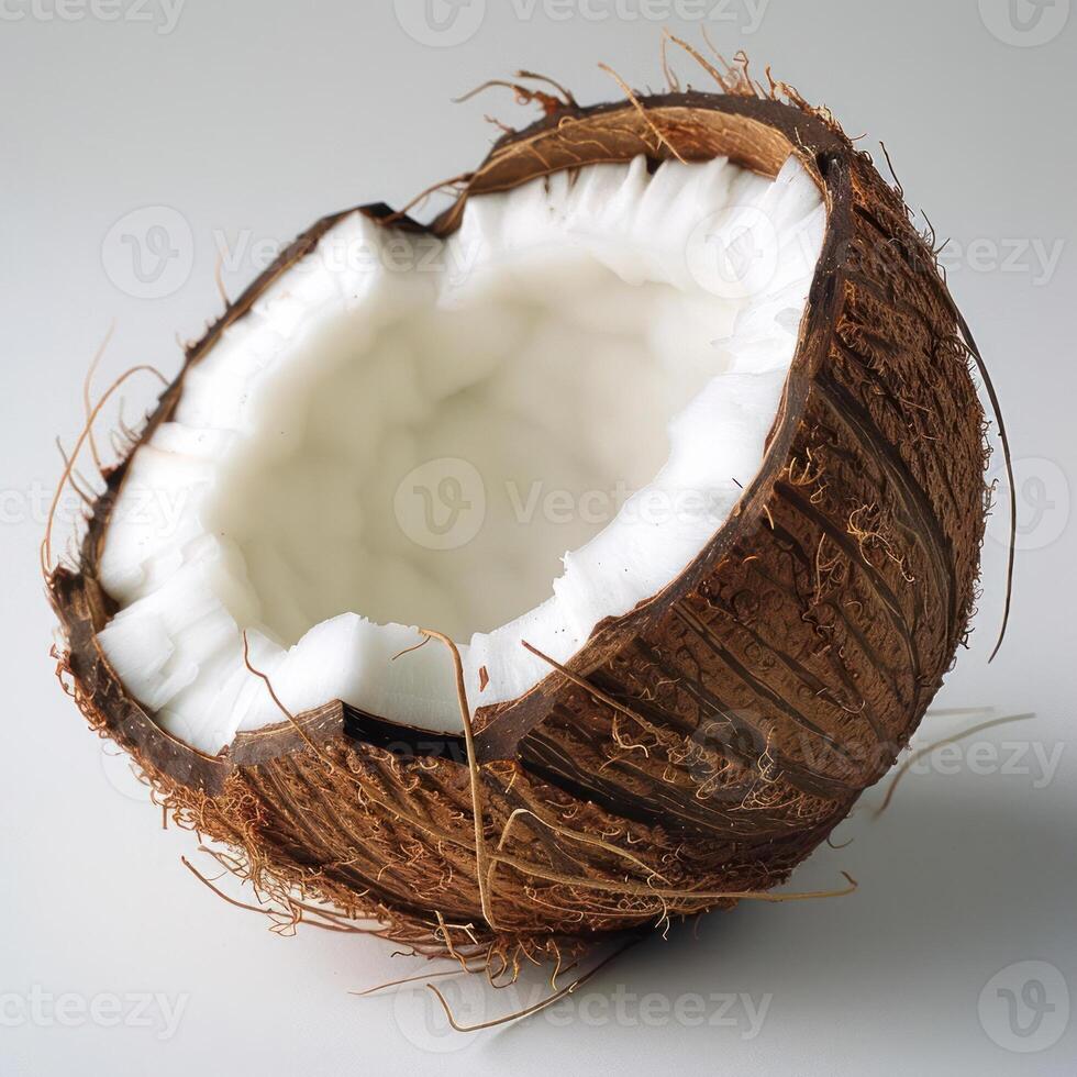 Fresh coconut with its husk removed and interior exposed. photo
