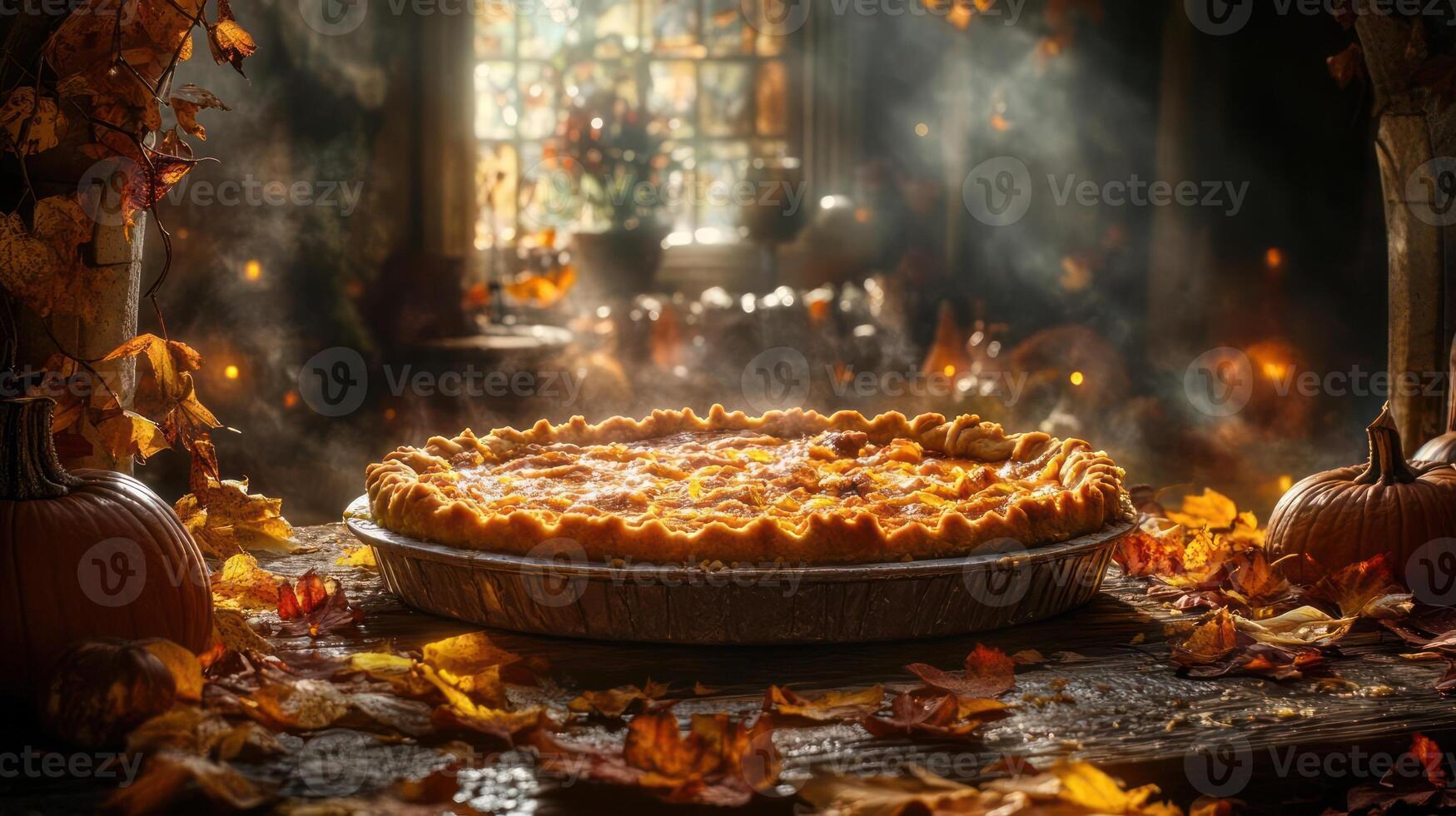 A cozy autumn scene featuring a pie being prepared on a table with fall foliage. photo