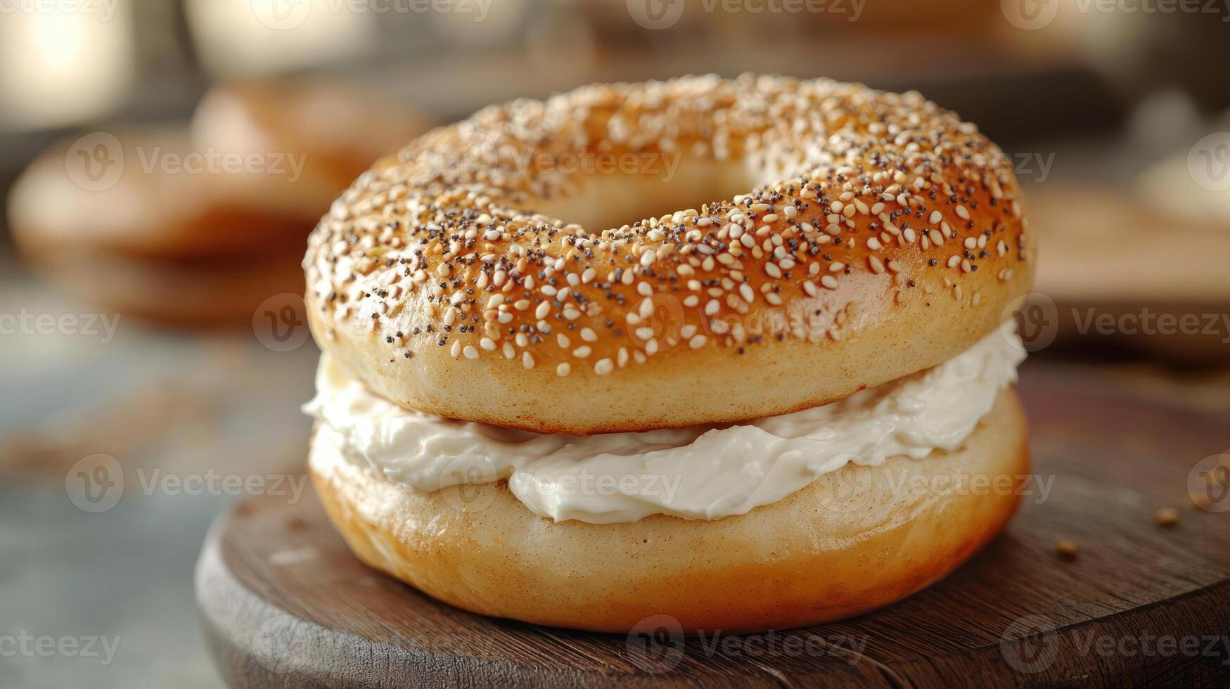 a delicious-looking bagel sandwiched between two pieces of bread spread with cream cheese and sprinkled with pepper, presented on a wooden table. photo