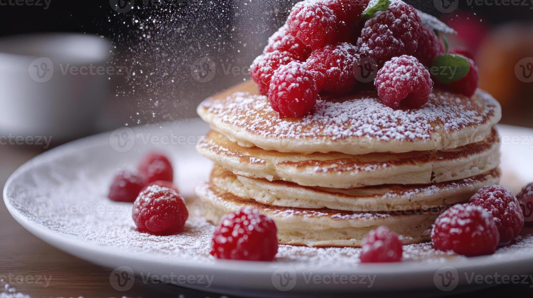 Freshly made stack of delicious pancakes topped with juicy raspberries and powdered sugar. photo
