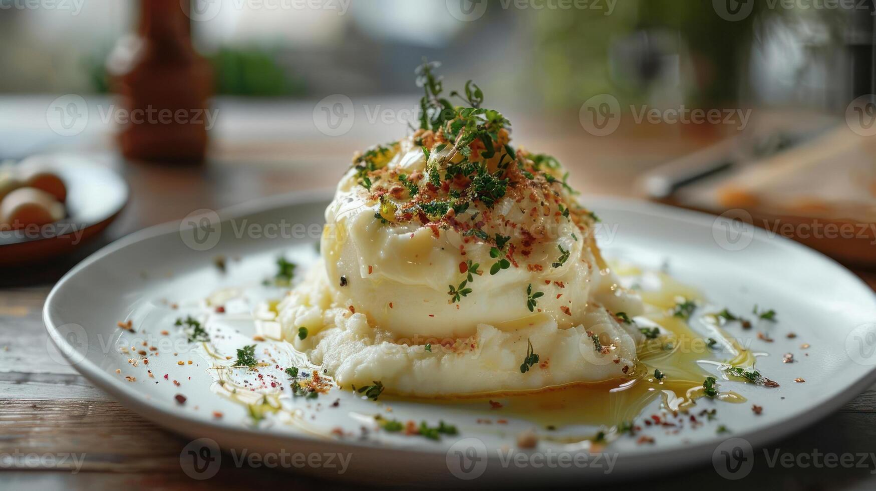 A delectable dish of Eggs Benedict with a side of artisan mashed potatoes, topped with herbs and garnished with pepper. The table has wooden surfaces and some condiments are visible. photo