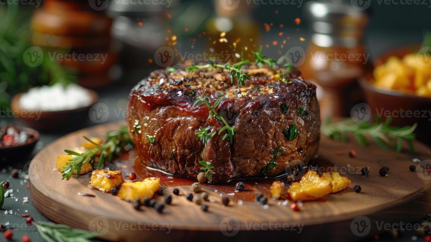 Cooked steak topped with herbs and spices on a wooden board. photo