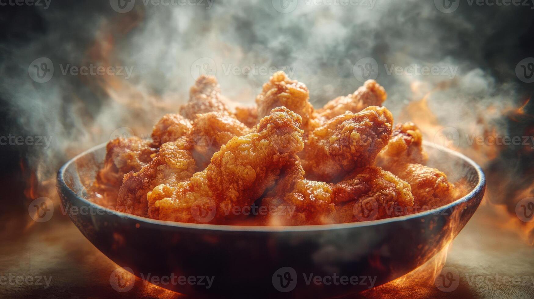Fried chicken being cooked and ready to serve. photo