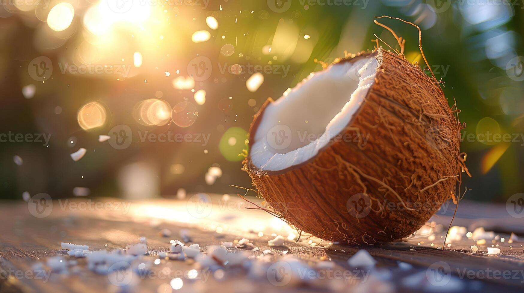 A coconut being opened near sunlit palm trees. photo