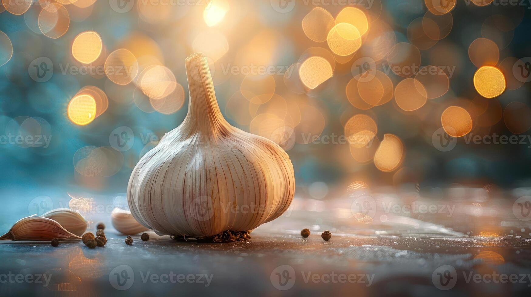 Fresh garlic clove on a dark surface with bokeh background. photo