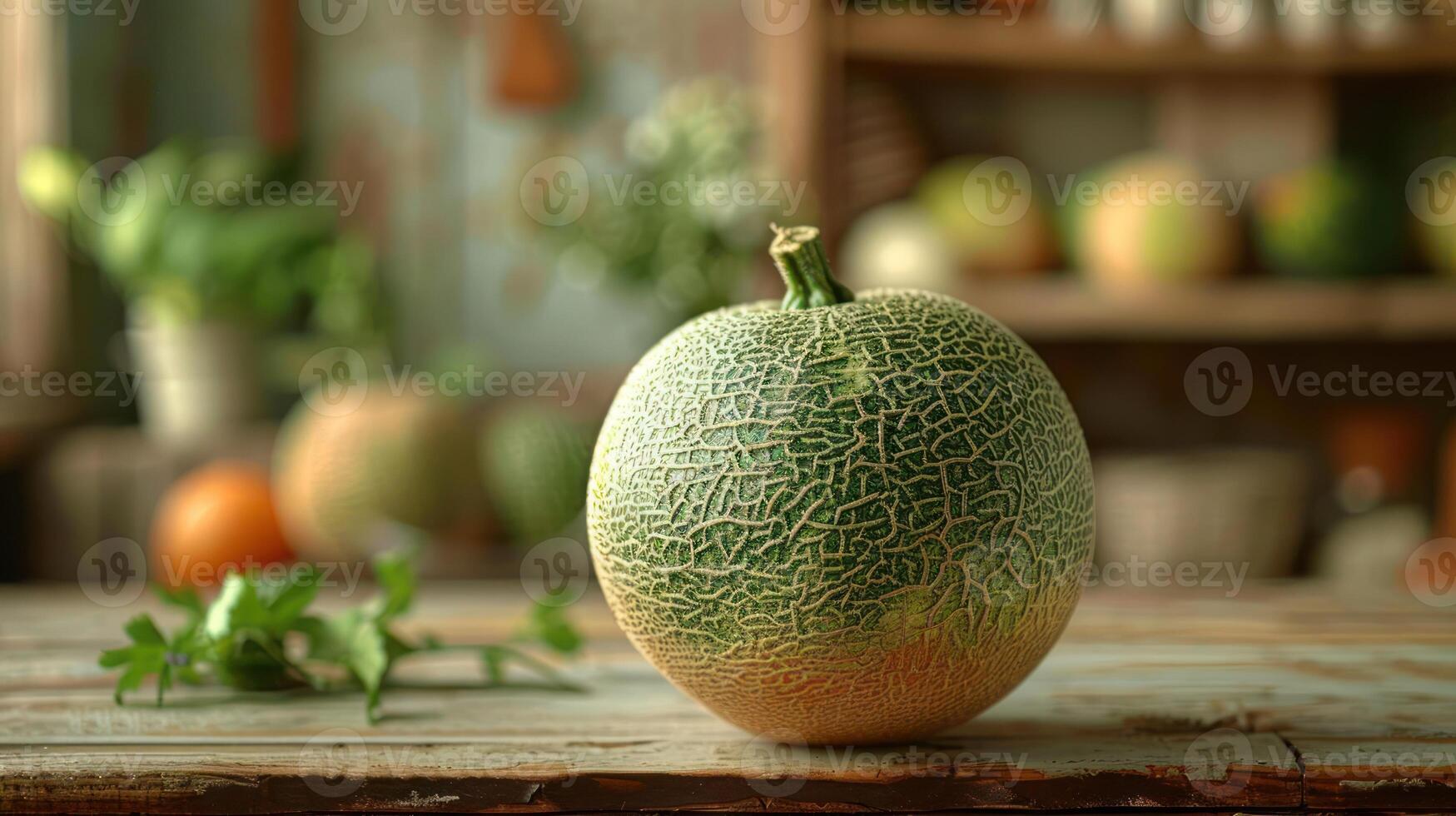 A pumpkin on a table, surrounded by produce and spices. photo