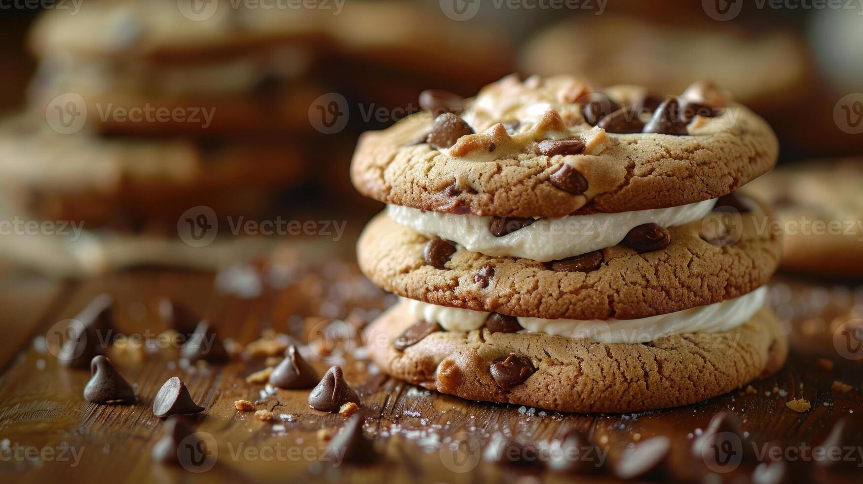 These chocolate cookies are not only tasty but also visually appealing with their layers of cookie and frosting stacked on top. photo