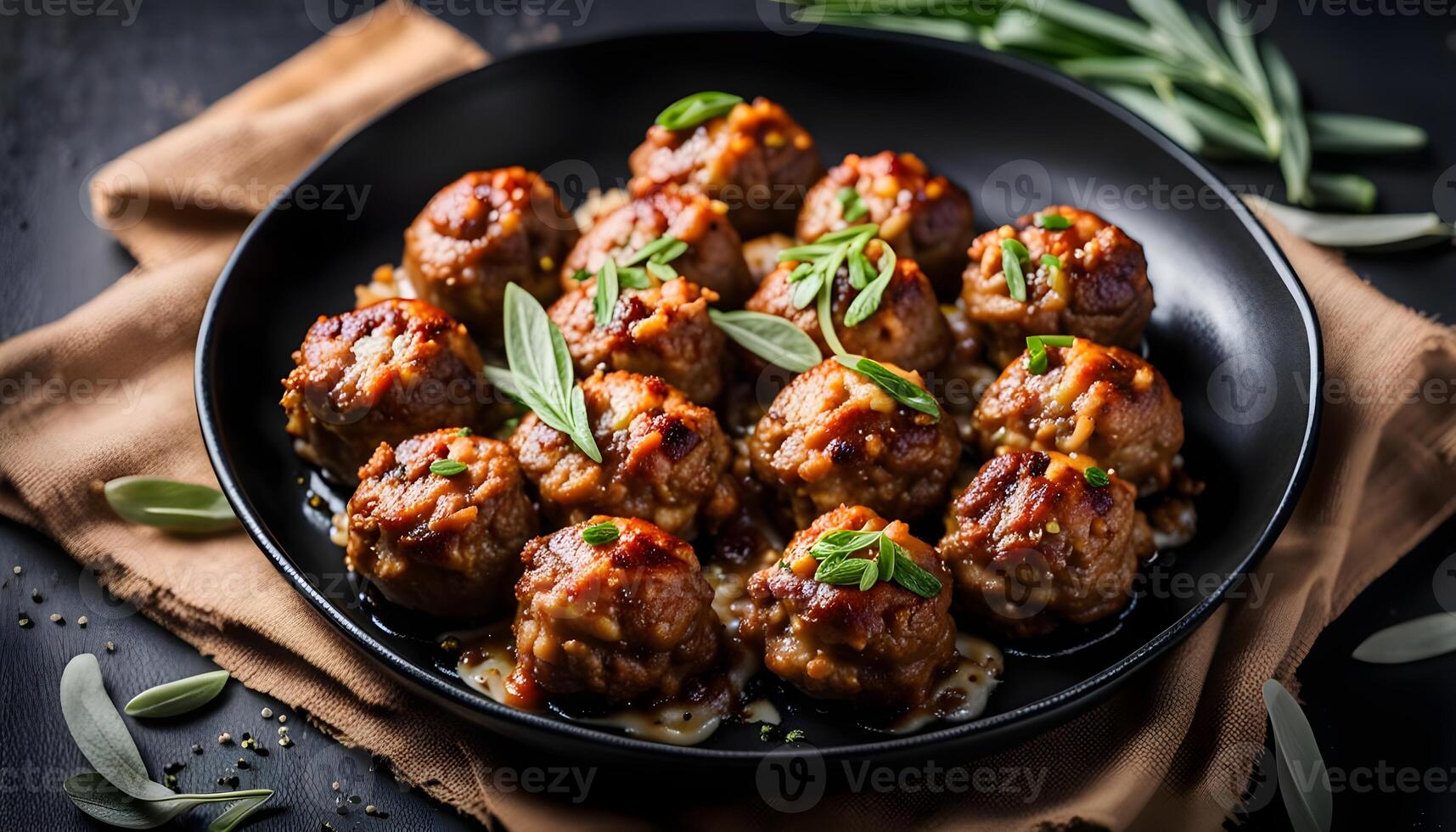 Pork stuffing meatballs with sage and onion in a black plate photo