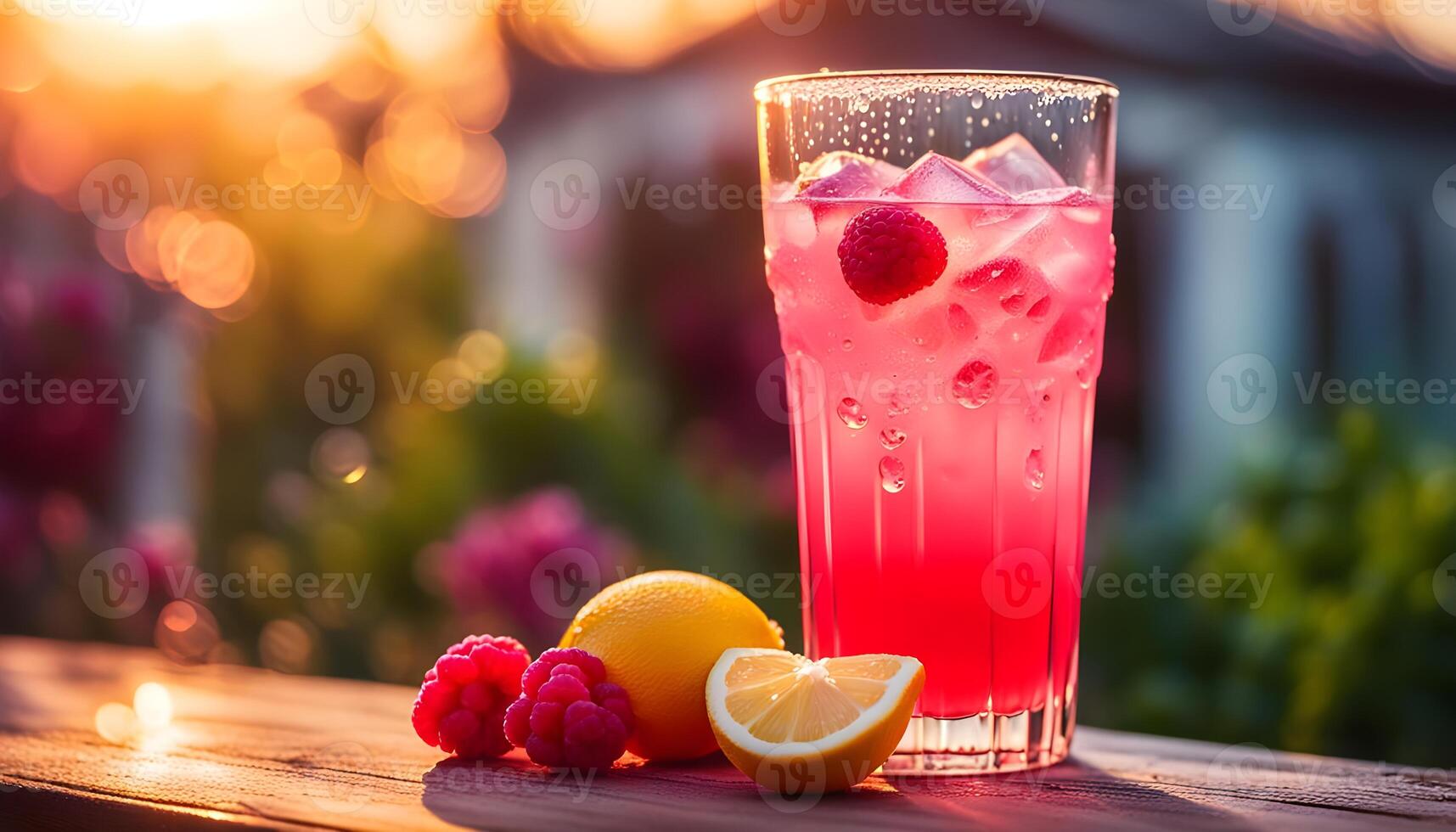 Pink refreshing cold raspberry lemonade in tall glass outside on the porch photo