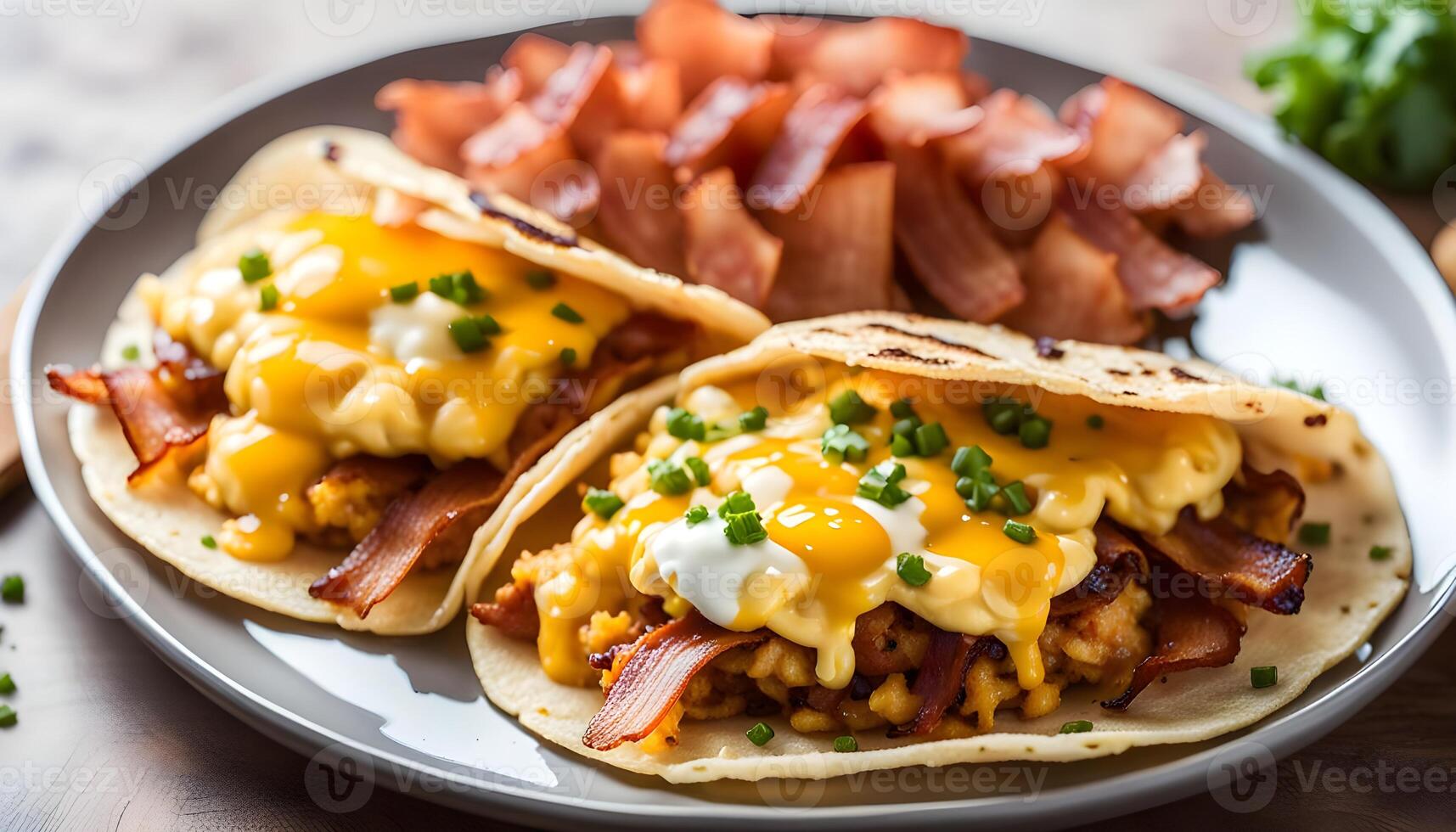 Breakfast tacos with hash browns, scrambled eggs, cheese and bacon photo