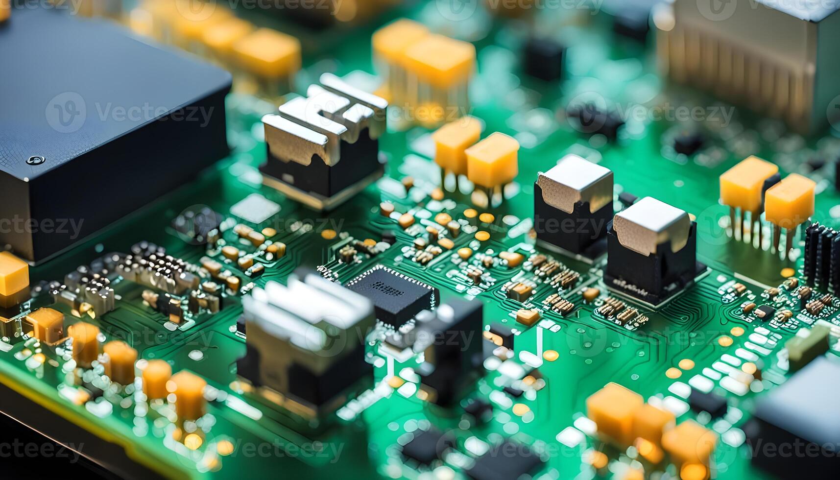 View of computer board with components and selective depth of field. photo