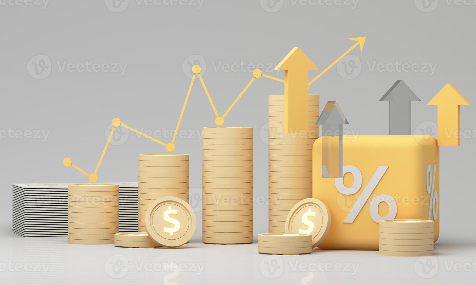 Yellow percentage block surrounded by coins and upward arrows symbolizes financial growth, increased investment returns, and positive economic trends. 3d rendering photo