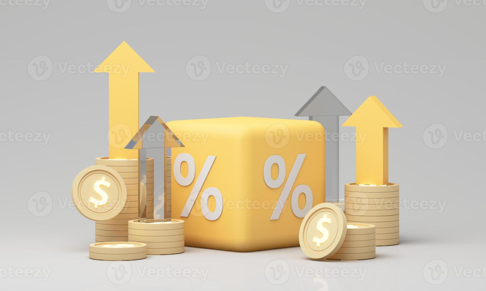 Yellow percentage block surrounded by coins and upward arrows symbolizes financial growth, increased investment returns, and positive economic trends. 3d rendering photo