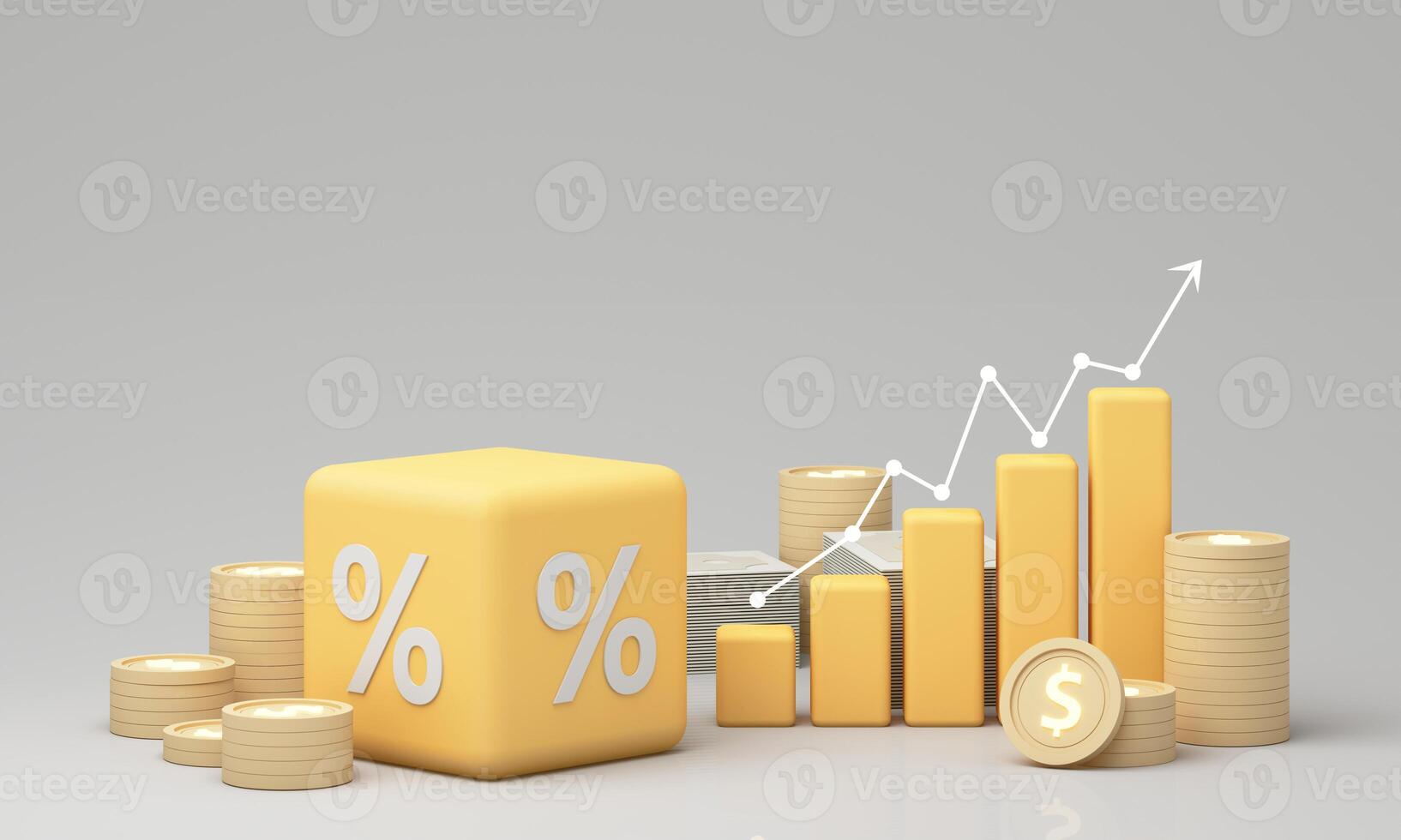 Yellow percentage block surrounded by coins and upward arrows symbolizes financial growth, increased investment returns, and positive economic trends. 3d rendering photo
