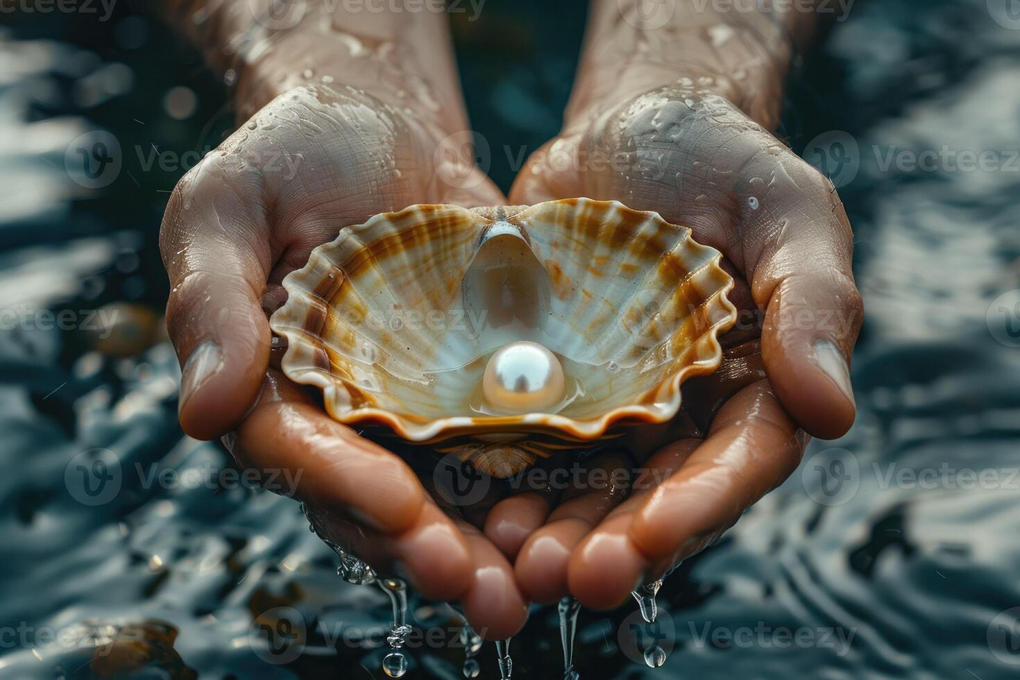 Close up of wet hands holding an open oyster shell with a shiny pearl inside surrounded by water droplets symbolizing beauty, nature and treasures of the sea. photo