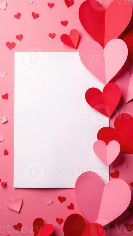 Vertical Valentine's Day card with red and pink hearts and blank white sheet of paper in the center for text of romantic messages or greetings. Love card template for heartfelt expressions photo