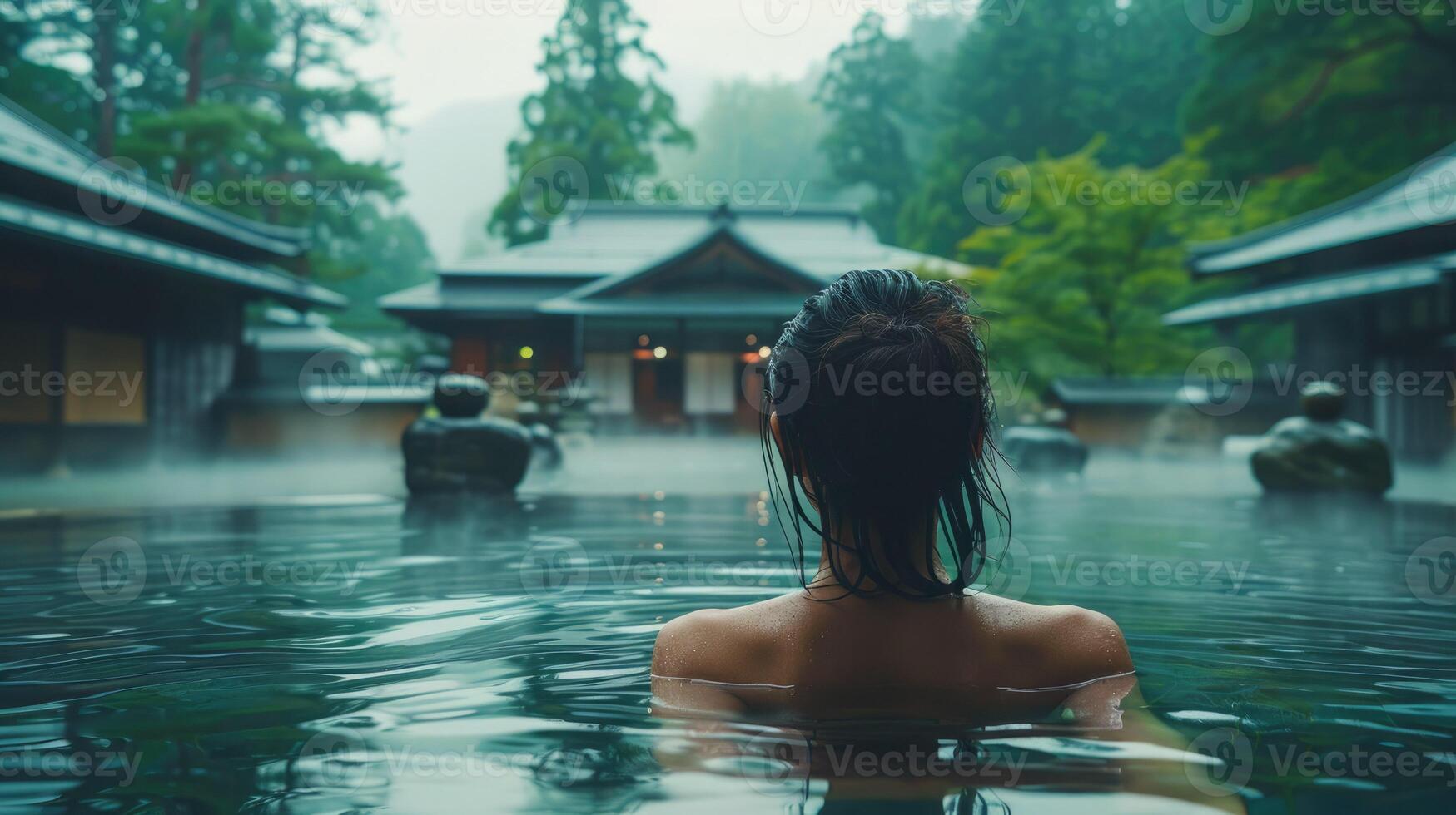 serene woman with wet dark hair relaxes in a traditional Japanese hot spring onsen surrounded by mist, lush greenery, and elegant architecture, creating a tranquil and rejuvenating ambiance photo