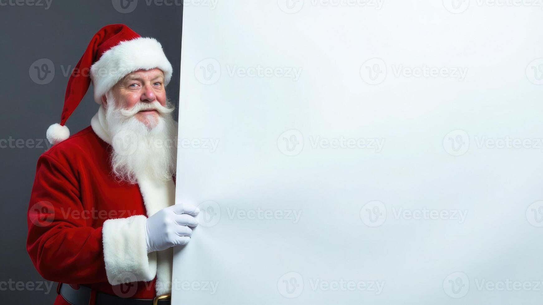 Christmas mockup with Santa Claus holding a white blank paper sheet for Happy New Year and Christmas greetings. Advertisement, message mockup. Seasonal greeting card photo