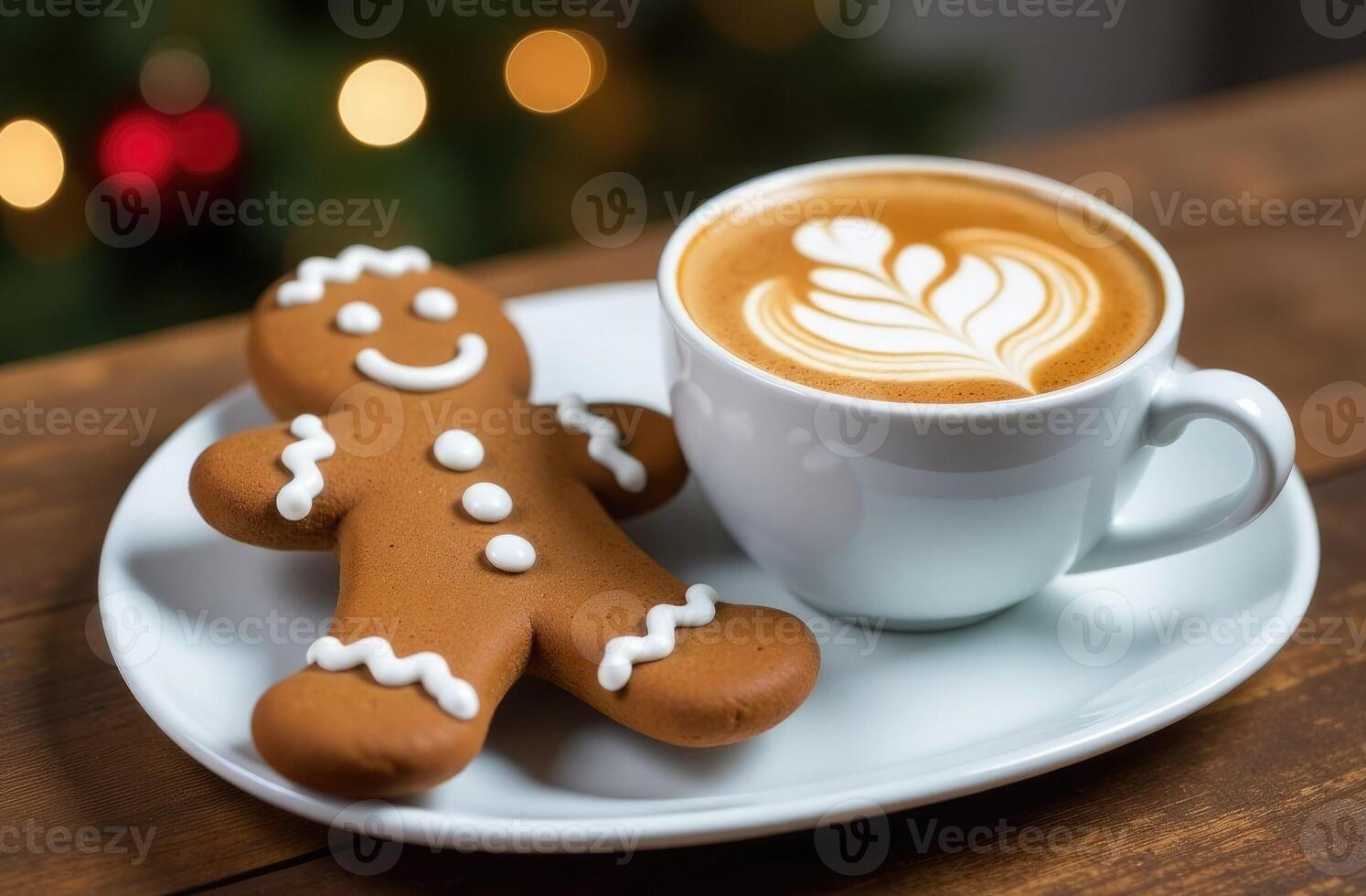 Gingerbread man decorated with white icing, cup of latte with art foam, festive background. Layout for bakeries, cafes and cafe shops. Seasonal baking with New Year and Merry Christmas photo