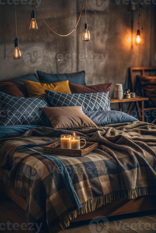 el dormitorio es acogedor con un cama cubierto en almohadas de diferente diseños, incluso sólido colores y cuadrícula patrones. un a cuadros cobija cortinas terminado el cama. foto