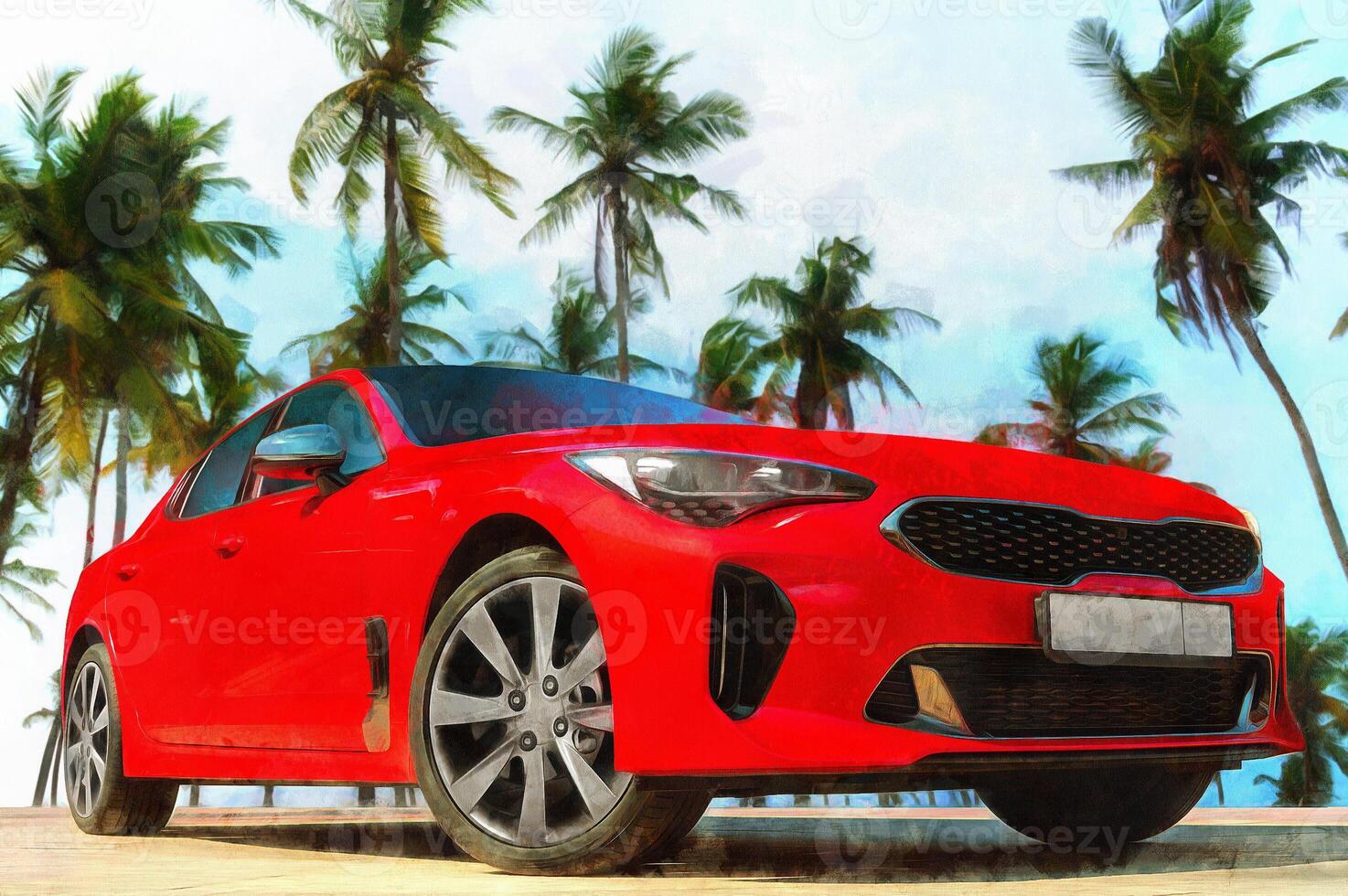 Red car on a background of palm trees. Stylish, modern, bright image of the car for design solutions. photo