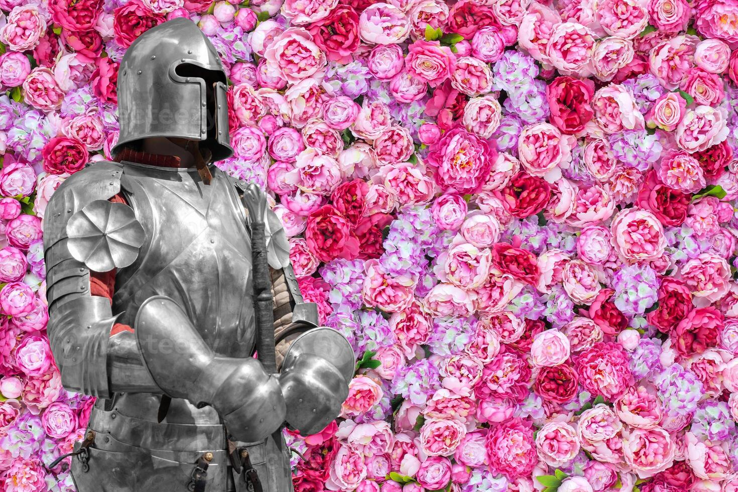 Floral background. Beautiful pink peonies. Medieval knight in armor. Romantic knightly picture. photo