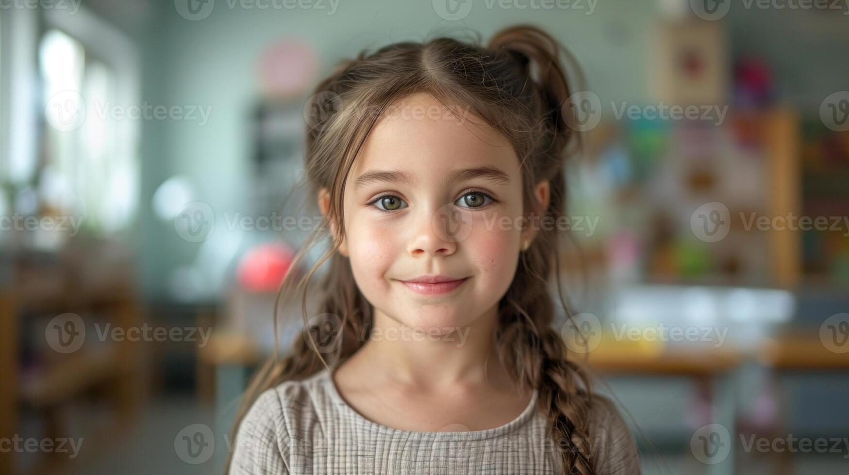 Portrait of smiling little girl with long hair looking at camera in kindergarten photo
