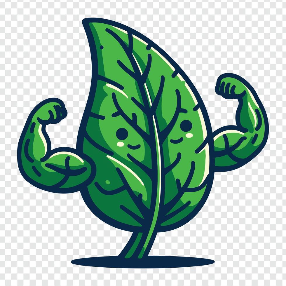 Cartoon green leaf with muscles, vector