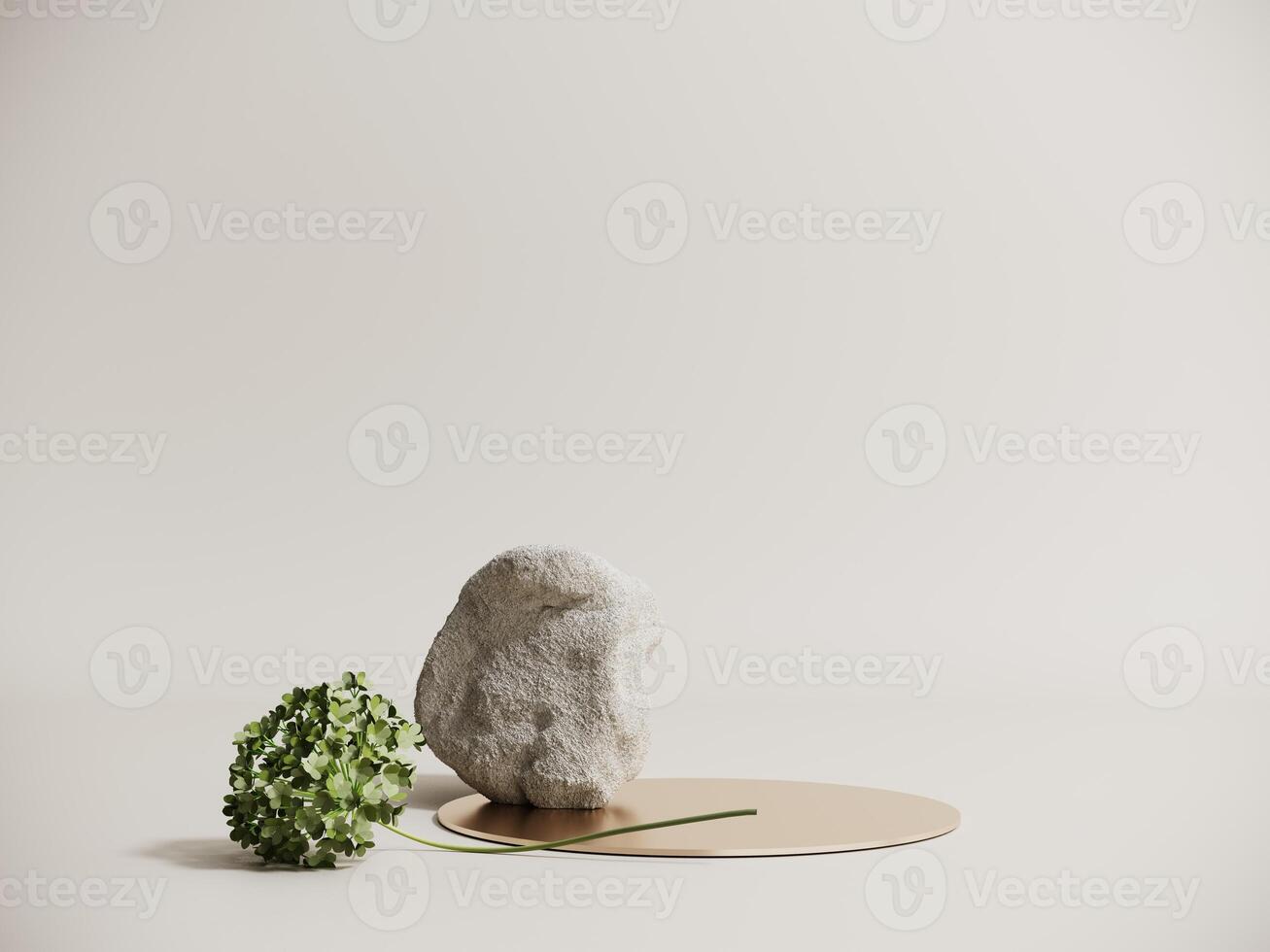 Podium, showcase made of stone and cement with green hydrangea flowers - 3d render. Minimal, aesthetic, light natural background. Brutalist style stand for advertising and presentations of products. photo