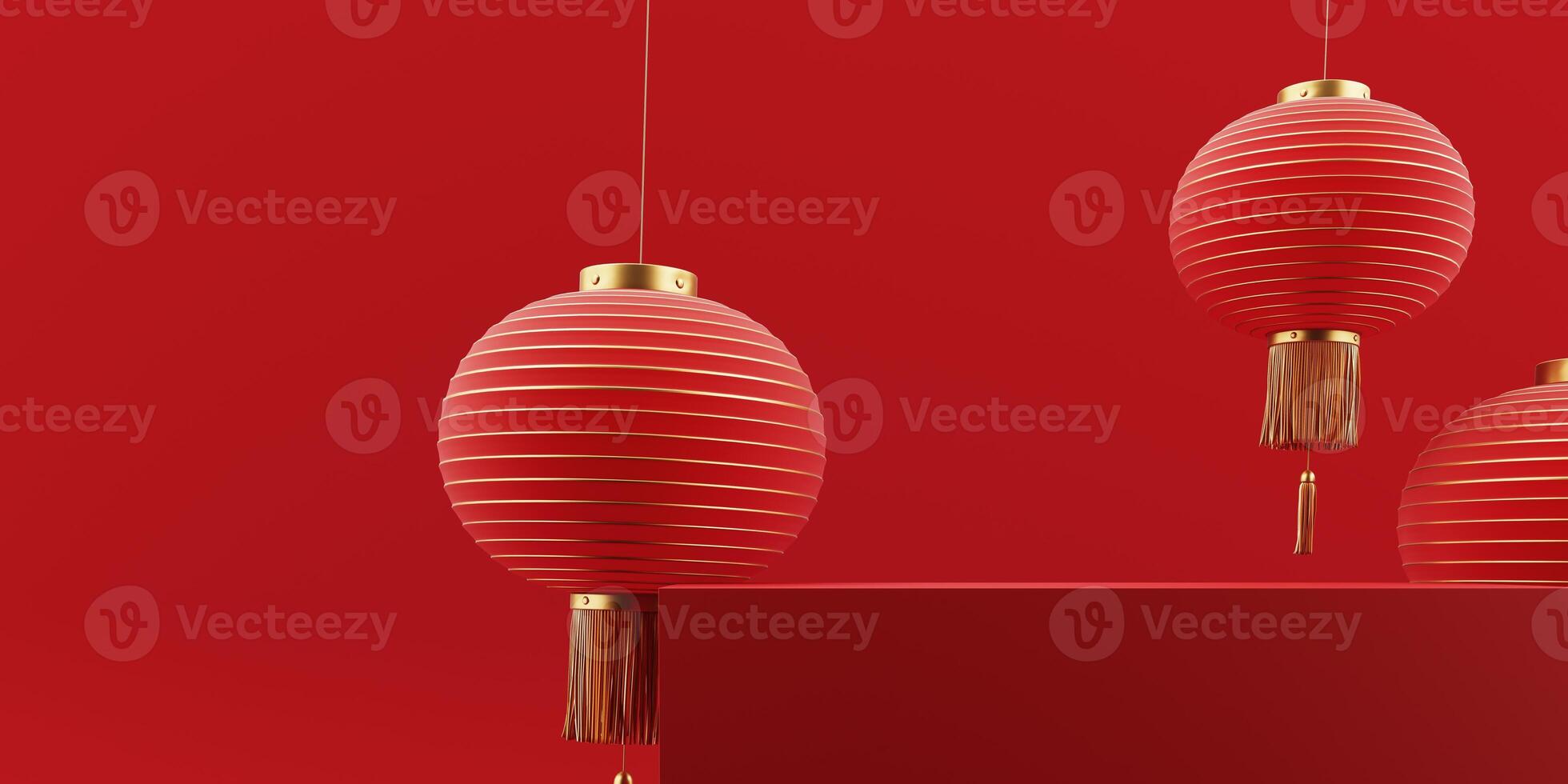3d render of a festive Chinese New Year celebration, with a luxurious red and gold podium display with lanterns, paper fans. Background for advertising, promotional poster or flyer. photo