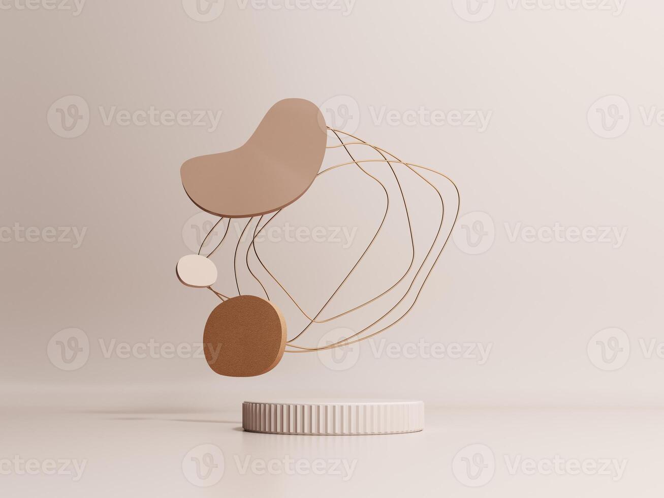 3d render of podium, showcase, display in boho style. Advertising stand with abstract shapes and palm leaves. Pastel minimal background for the presentation of cosmetics, products. photo